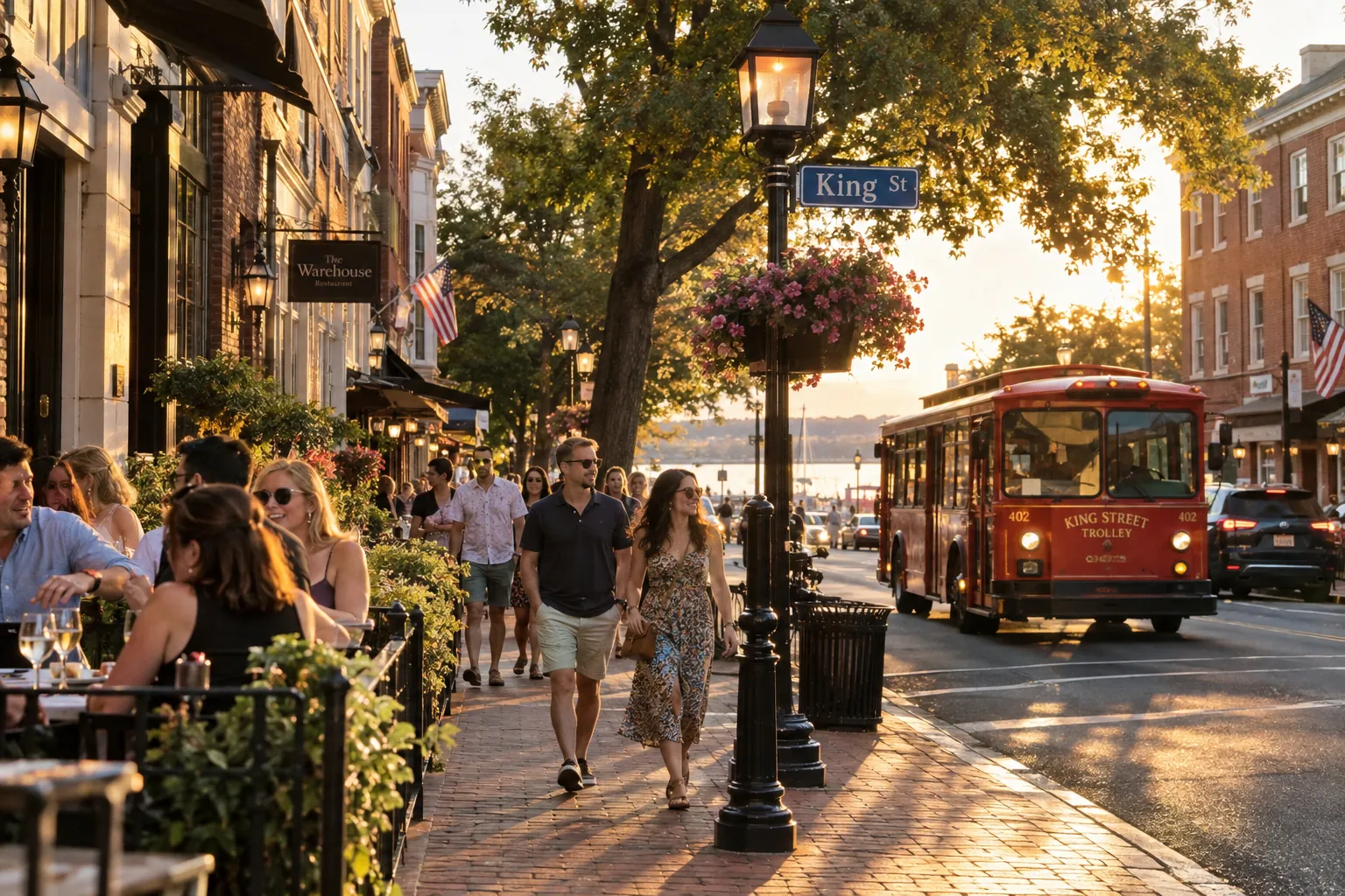 King Street in Old Town Alexandria at sunset, with outdoor dining and the trolley