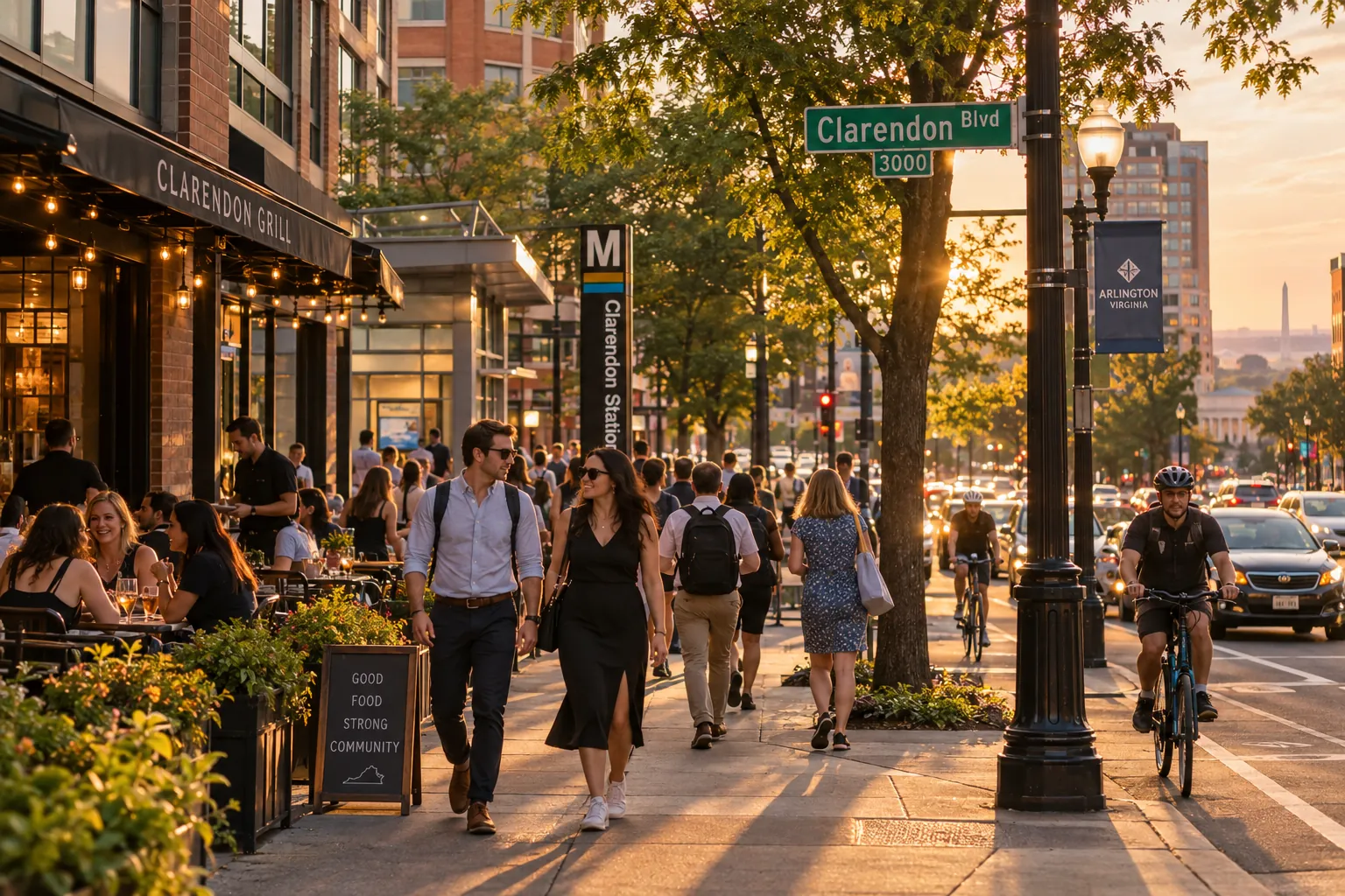 Clarendon Boulevard in Arlington at sunset, with outdoor dining near the Clarendon Metro station