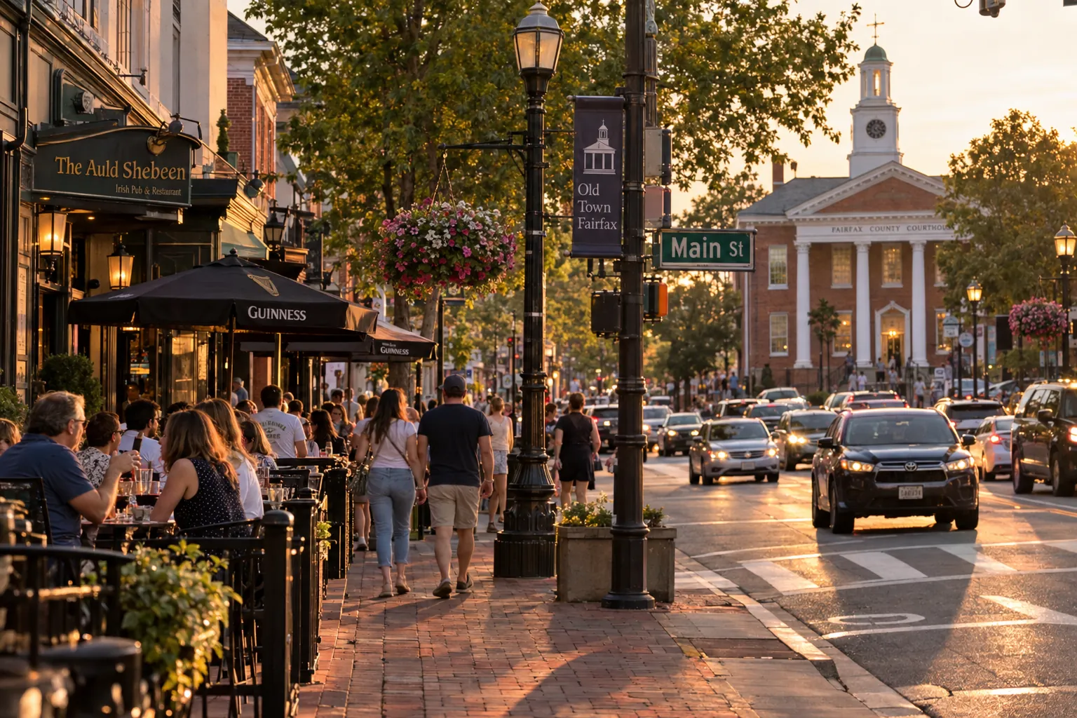 Main Street in Old Town Fairfax at sunset, with outdoor dining and the historic courthouse
