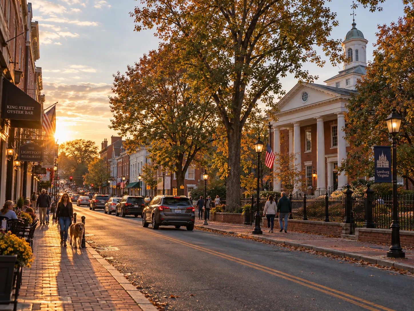 Historic downtown Leesburg in autumn, with brick sidewalks and the courthouse