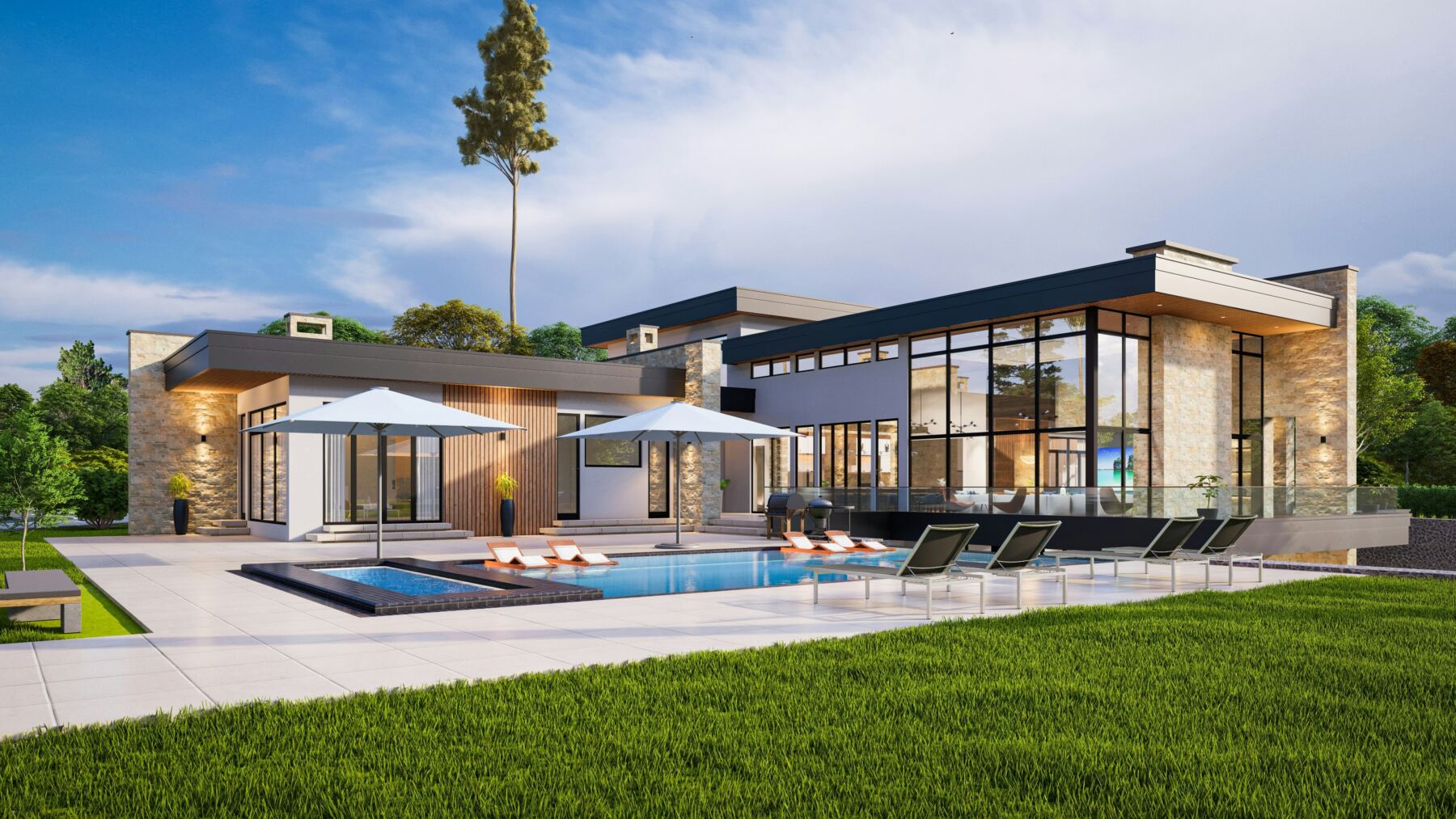 Contemporary home with a pool and large lawn