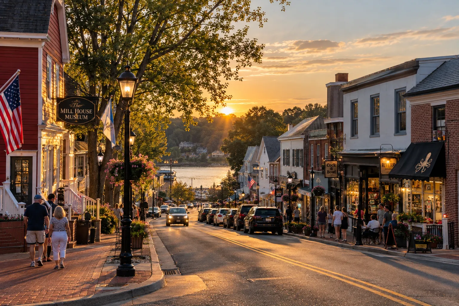The historic main street of Occoquan at sunset, leading down to the river